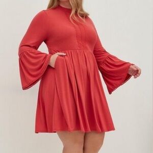 Torrid Mock Neck Bell Sleeve Jersey Pocket Mini Dress Cranberry Pink Red Size 2X